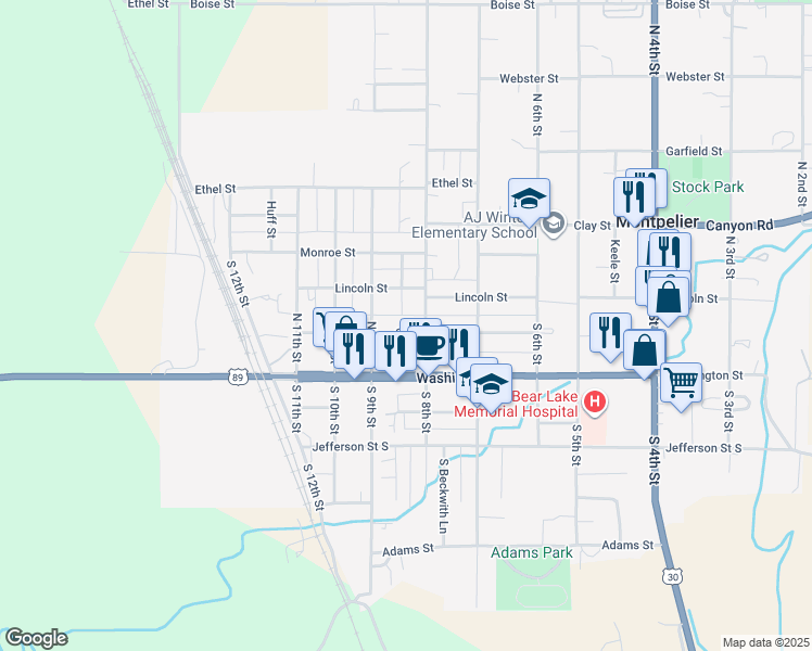 map of restaurants, bars, coffee shops, grocery stores, and more near 824 Grant Street in Montpelier