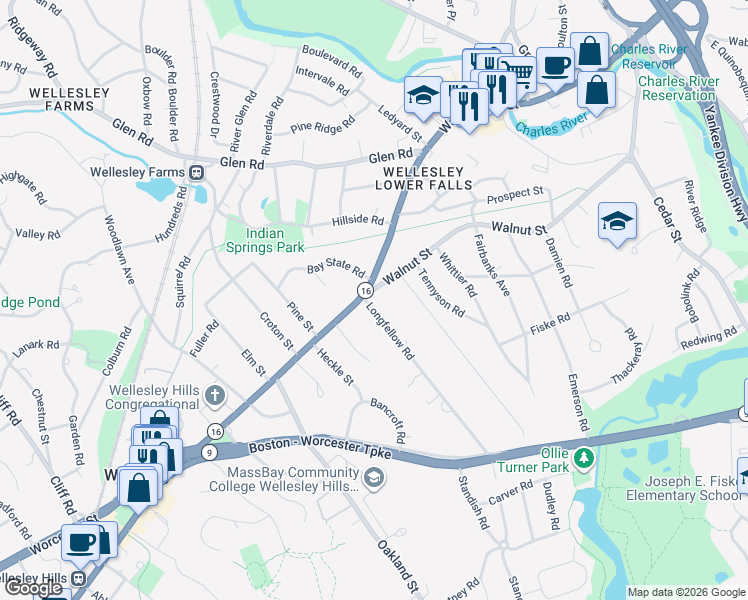 map of restaurants, bars, coffee shops, grocery stores, and more near 115 Massachusetts 16 in Wellesley