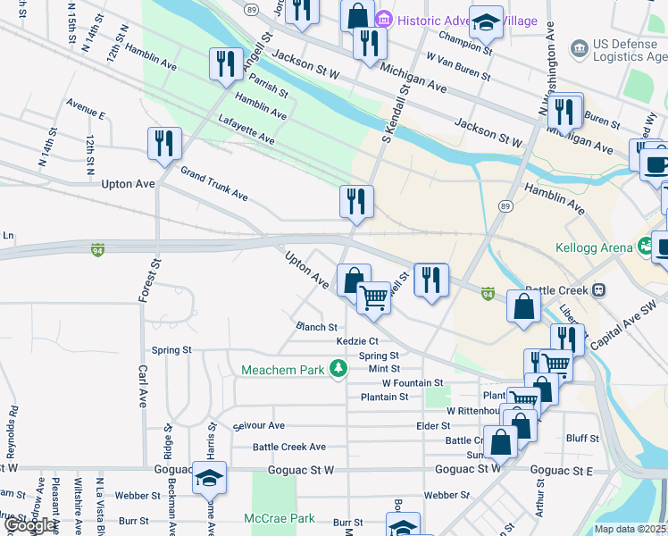 map of restaurants, bars, coffee shops, grocery stores, and more near 216 South Kendall Street in Battle Creek