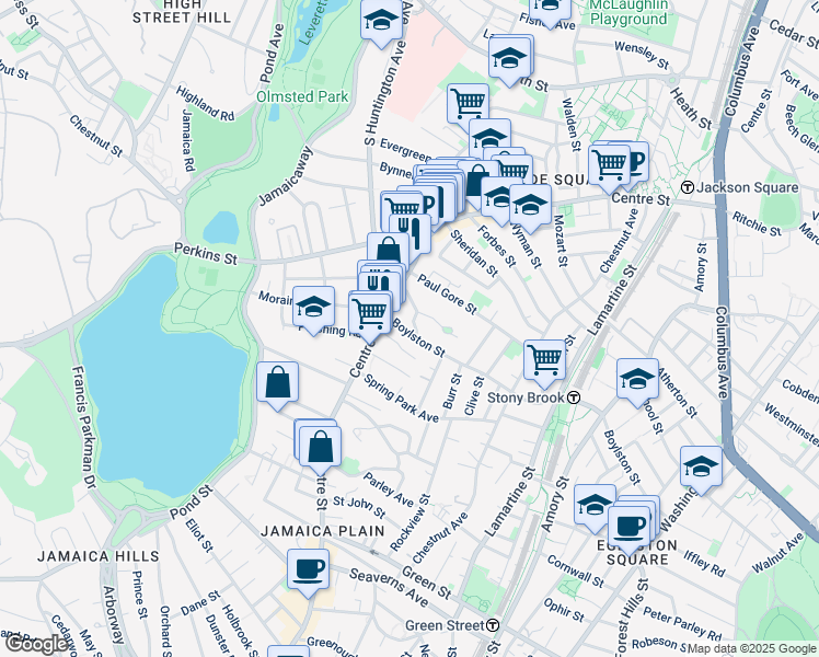 map of restaurants, bars, coffee shops, grocery stores, and more near 15 Oakview Terrace in Boston