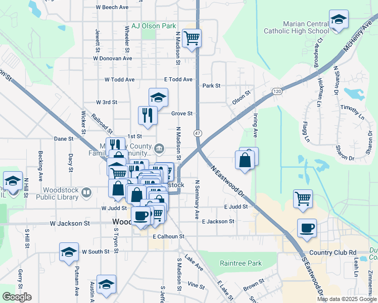 map of restaurants, bars, coffee shops, grocery stores, and more near 602 North Madison Street in Woodstock