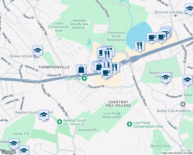 map of restaurants, bars, coffee shops, grocery stores, and more near 250 Boylston Street in Newton