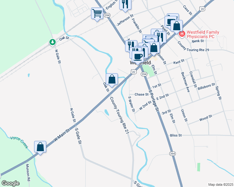 map of restaurants, bars, coffee shops, grocery stores, and more near 90 West Main Street in Westfield