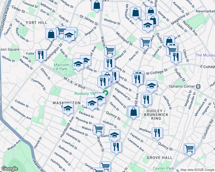 map of restaurants, bars, coffee shops, grocery stores, and more near 330 Martin Luther King Jr Boulevard in Boston