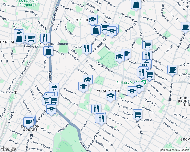 map of restaurants, bars, coffee shops, grocery stores, and more near 49 Elmore Street in Boston