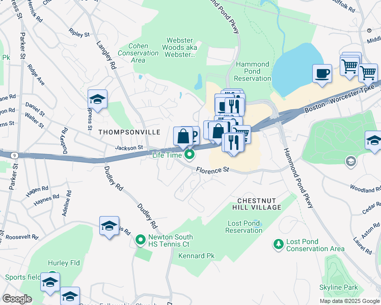 map of restaurants, bars, coffee shops, grocery stores, and more near 300 Boylston Street in Newton