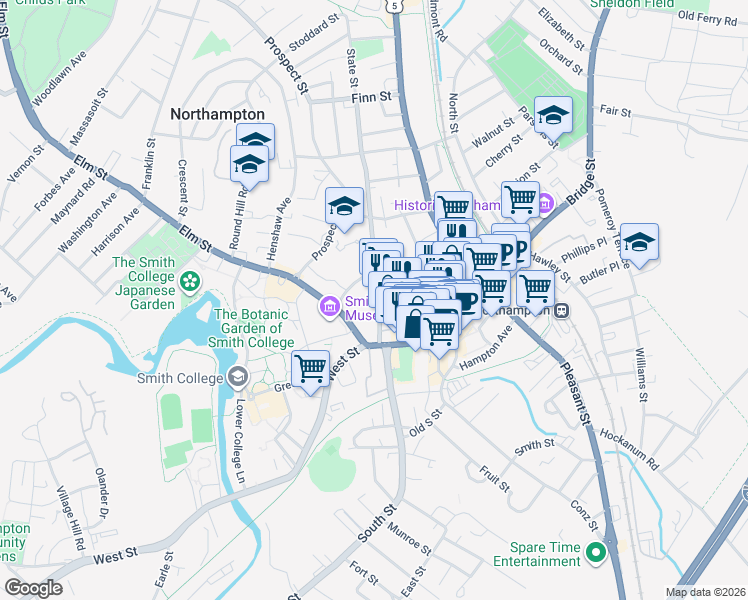 map of restaurants, bars, coffee shops, grocery stores, and more near 44 State Street in Northampton