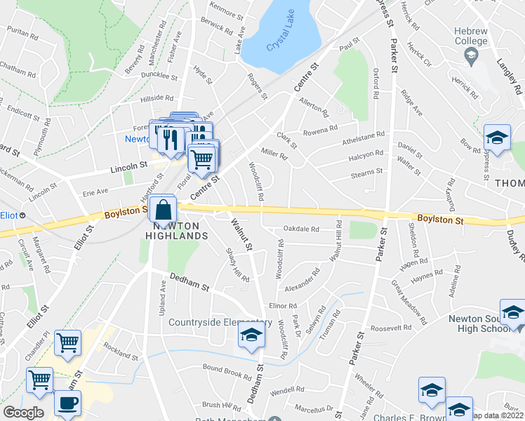 map of restaurants, bars, coffee shops, grocery stores, and more near Boylston St & Woodcliff Rd in Newton