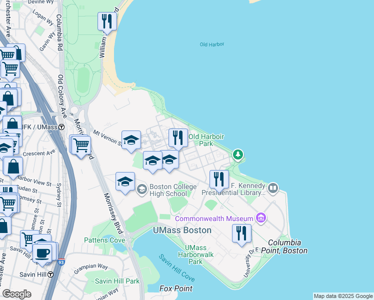 map of restaurants, bars, coffee shops, grocery stores, and more near 24 Oyster Bay Road in Boston