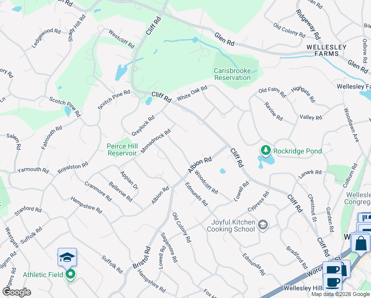 map of restaurants, bars, coffee shops, grocery stores, and more near 65 Woodcliff Road in Wellesley