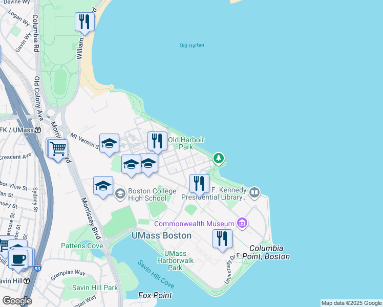 map of restaurants, bars, coffee shops, grocery stores, and more near 24 Oyster Bay Road in Boston
