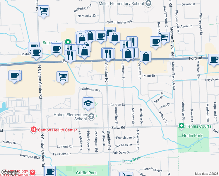 map of restaurants, bars, coffee shops, grocery stores, and more near 1822 Sheldon Road in Canton