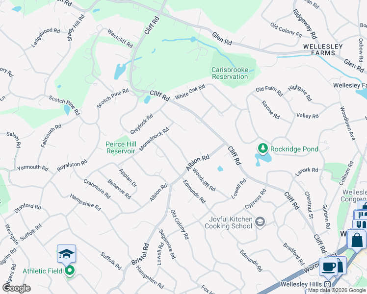 map of restaurants, bars, coffee shops, grocery stores, and more near 65 Woodcliff Road in Wellesley