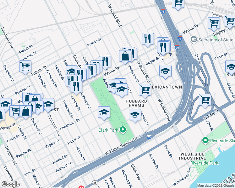 map of restaurants, bars, coffee shops, grocery stores, and more near 1500 Scotten Street in Detroit