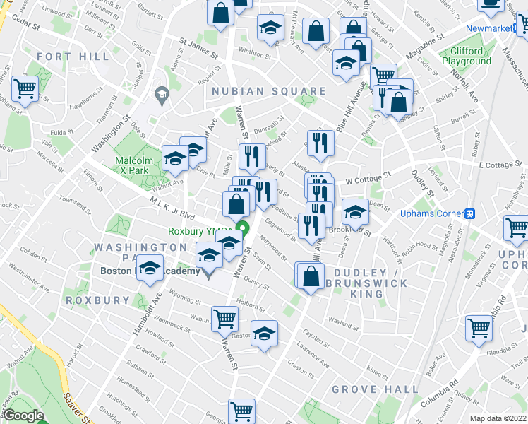map of restaurants, bars, coffee shops, grocery stores, and more near 14 Woodbine Street in Boston