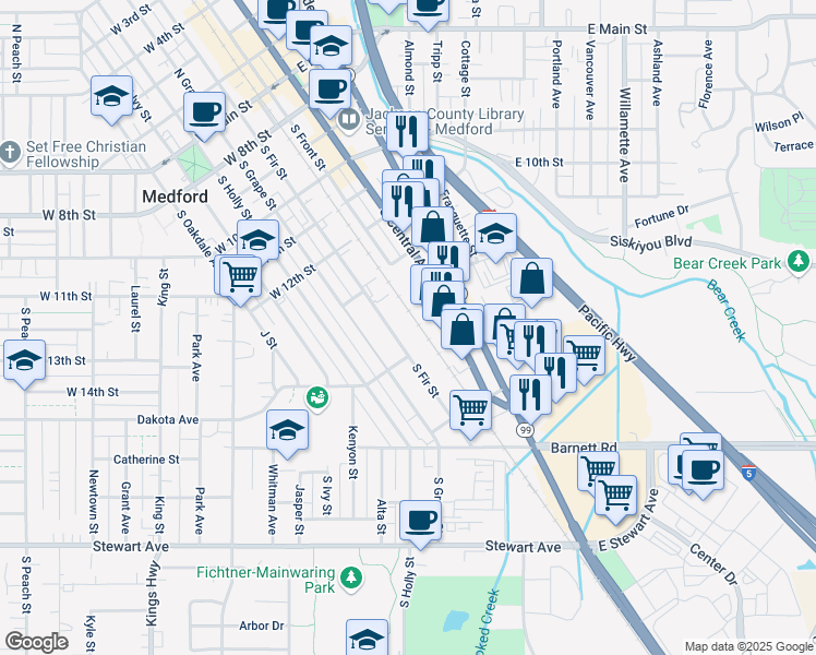 map of restaurants, bars, coffee shops, grocery stores, and more near 619 South Fir Street in Medford