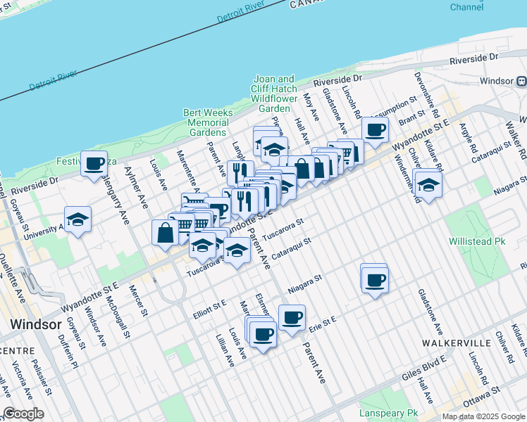 map of restaurants, bars, coffee shops, grocery stores, and more near 992 Wyandotte Street East in Windsor