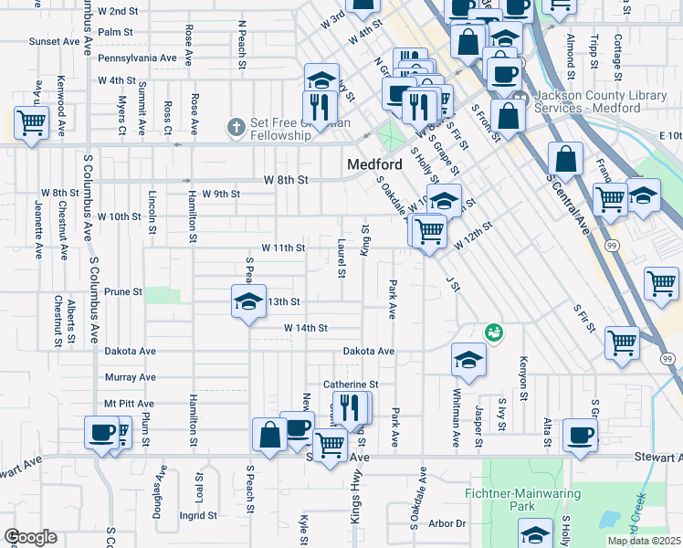 map of restaurants, bars, coffee shops, grocery stores, and more near 314 Laurel Street in Medford