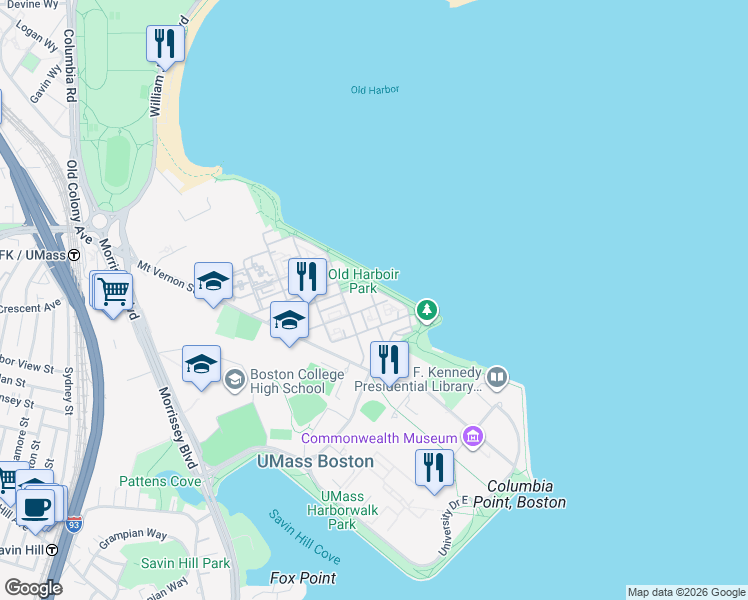 map of restaurants, bars, coffee shops, grocery stores, and more near 24 Oyster Bay Road in Boston