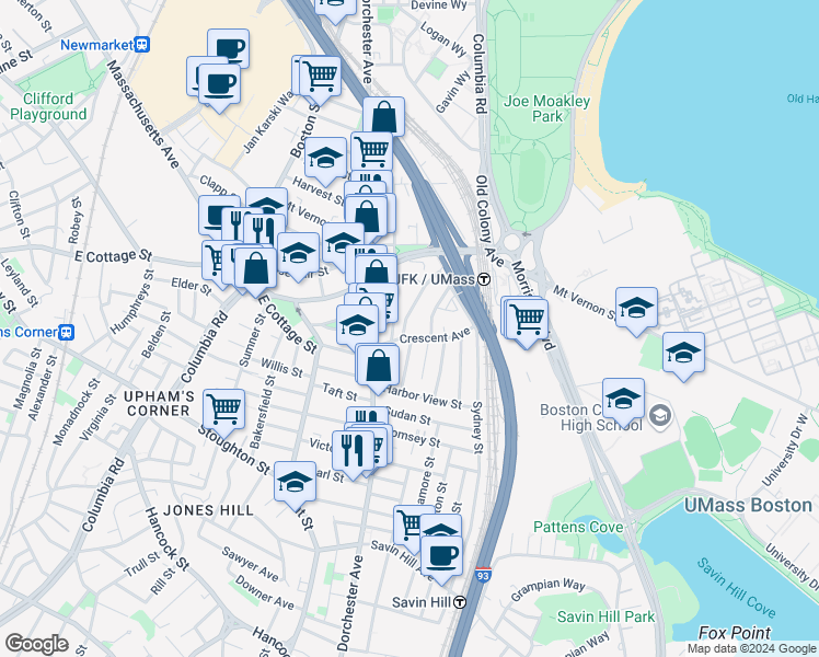 map of restaurants, bars, coffee shops, grocery stores, and more near 17 Moseley Street in Boston