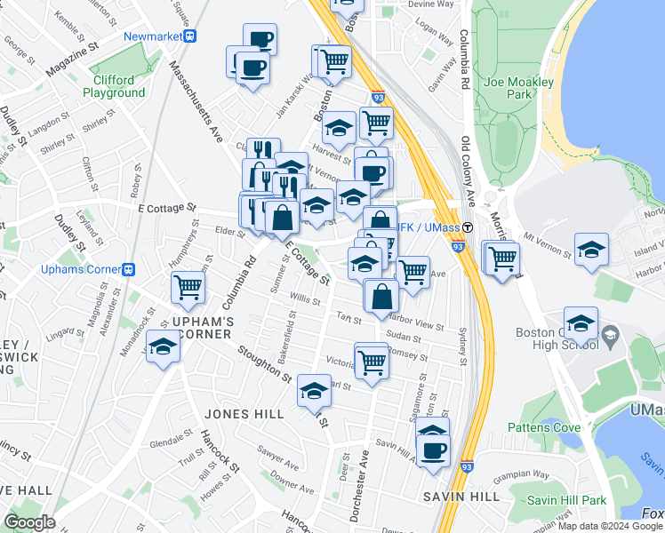 map of restaurants, bars, coffee shops, grocery stores, and more near 11 Pond Street in Boston