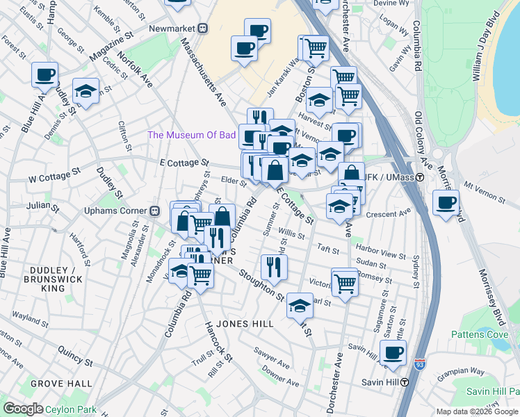 map of restaurants, bars, coffee shops, grocery stores, and more near 683 Columbia Road in Boston