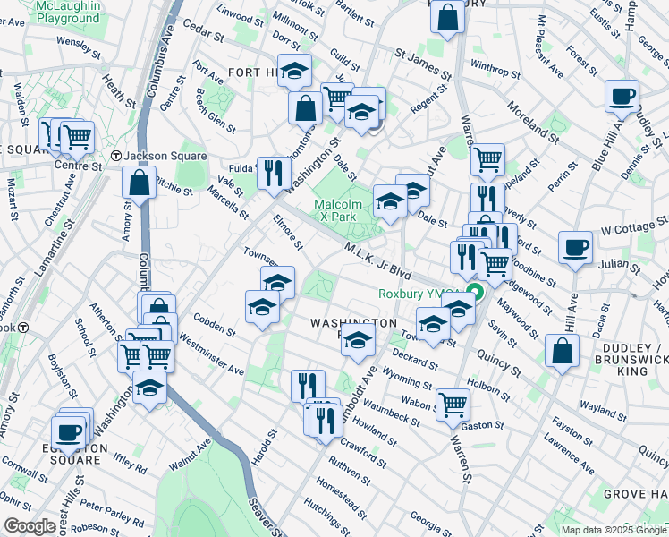 map of restaurants, bars, coffee shops, grocery stores, and more near 198 Walnut Avenue in Boston