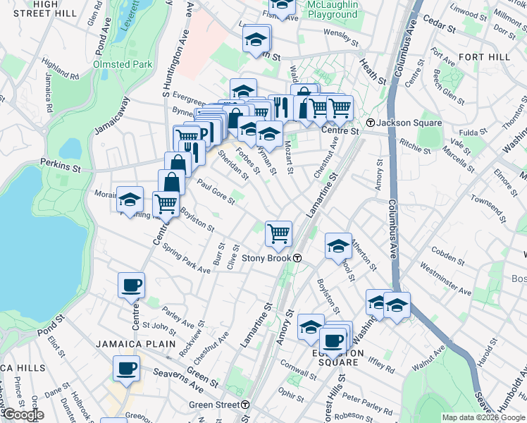 map of restaurants, bars, coffee shops, grocery stores, and more near 106 Sheridan Street in Boston