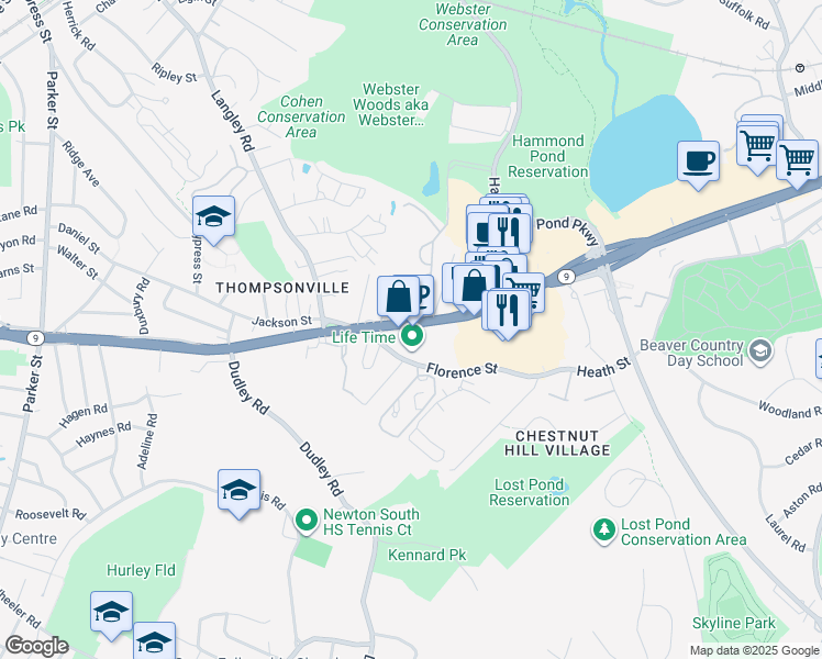 map of restaurants, bars, coffee shops, grocery stores, and more near 300 Boylston Street in Newton