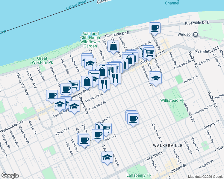 map of restaurants, bars, coffee shops, grocery stores, and more near in Windsor