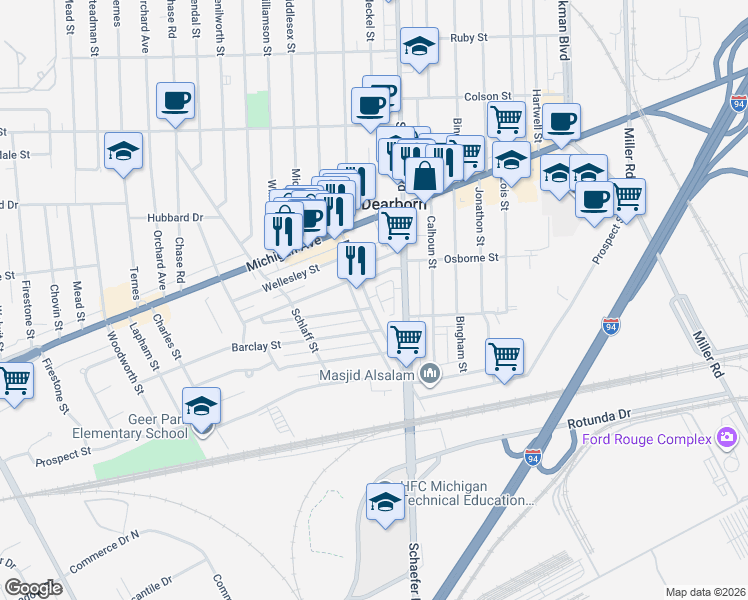 map of restaurants, bars, coffee shops, grocery stores, and more near 6 Georgetown Court in Dearborn