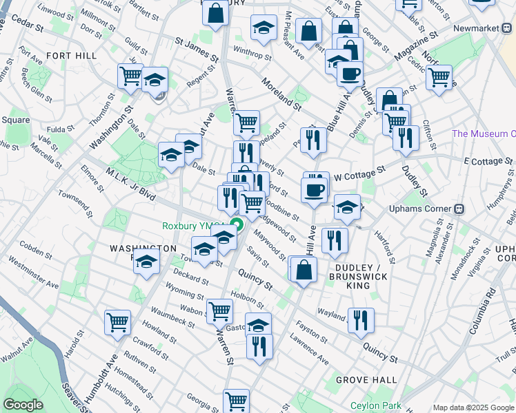map of restaurants, bars, coffee shops, grocery stores, and more near 14 Woodbine Street in Boston