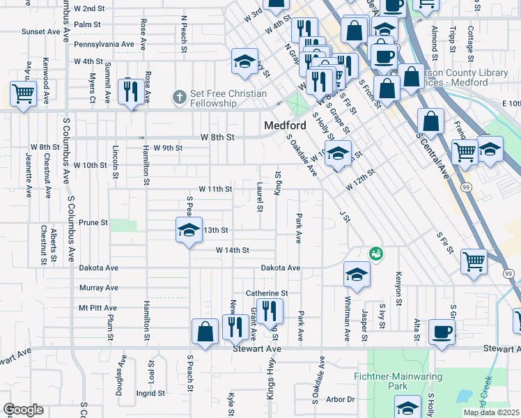 map of restaurants, bars, coffee shops, grocery stores, and more near 314 Laurel Street in Medford