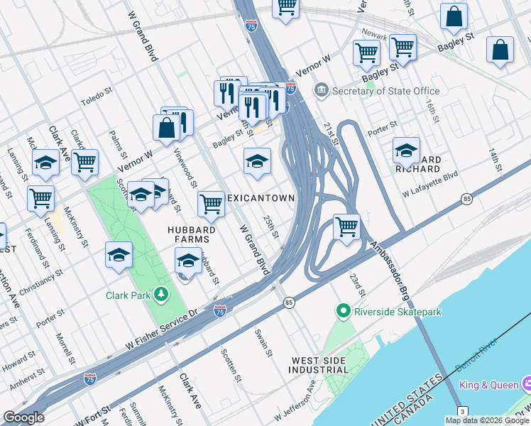 map of restaurants, bars, coffee shops, grocery stores, and more near 1272 25th Street in Detroit