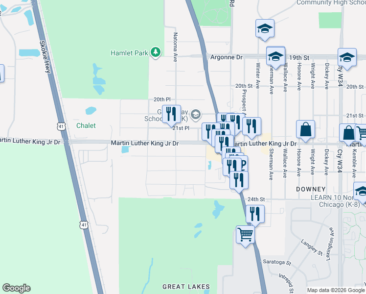 map of restaurants, bars, coffee shops, grocery stores, and more near 2976 Martin Luther King Junior Drive in North Chicago