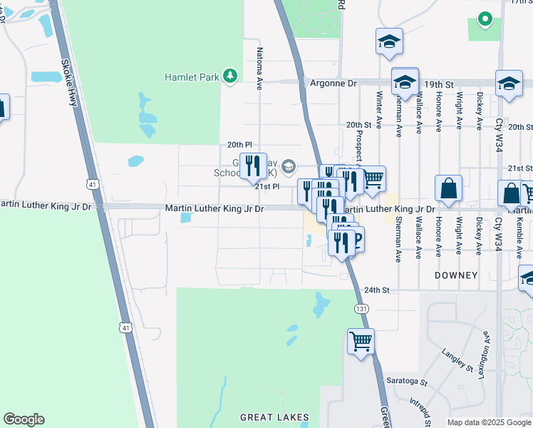 map of restaurants, bars, coffee shops, grocery stores, and more near 2976 Martin Luther King Junior Drive in North Chicago