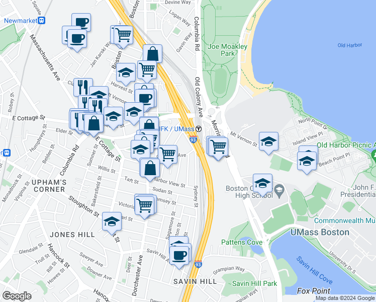 map of restaurants, bars, coffee shops, grocery stores, and more near 72-74 Crescent Avenue in Boston