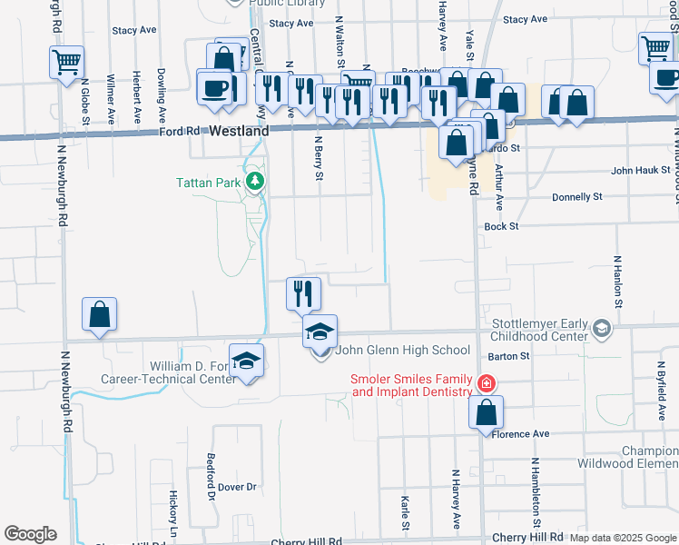 map of restaurants, bars, coffee shops, grocery stores, and more near 36070 Abbey Drive in Westland