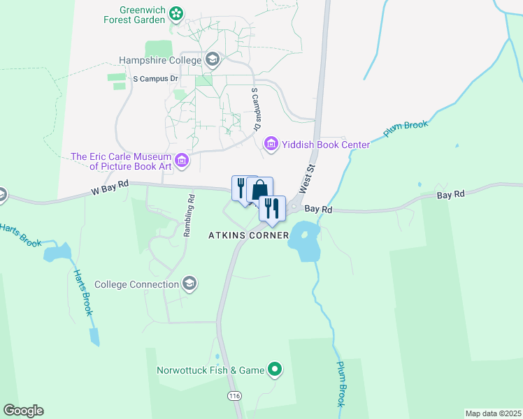 map of restaurants, bars, coffee shops, grocery stores, and more near 110 West Bay Road in Amherst
