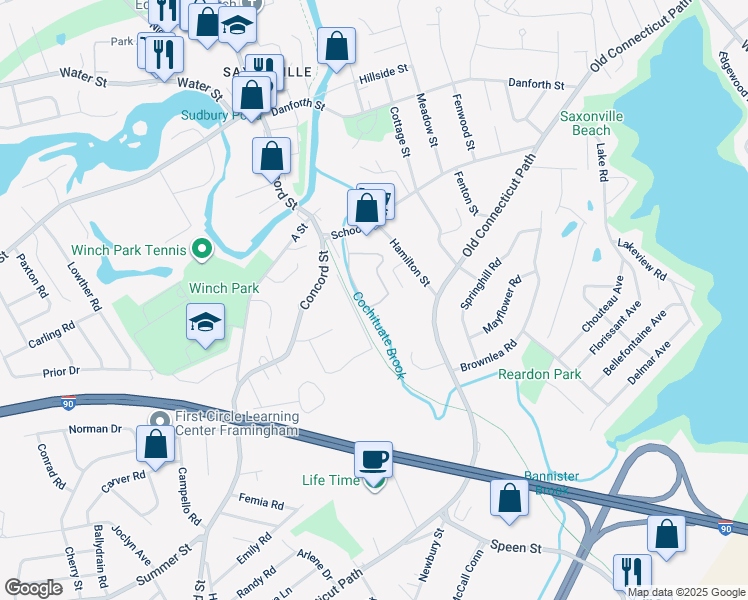 map of restaurants, bars, coffee shops, grocery stores, and more near 85 Queens Way in Framingham