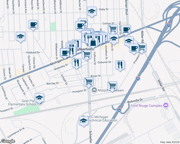 map of restaurants, bars, coffee shops, grocery stores, and more near 4253 Calhoun Street in Dearborn