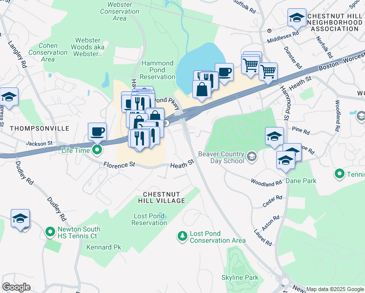 map of restaurants, bars, coffee shops, grocery stores, and more near 2 Hammond Pond Parkway in Newton