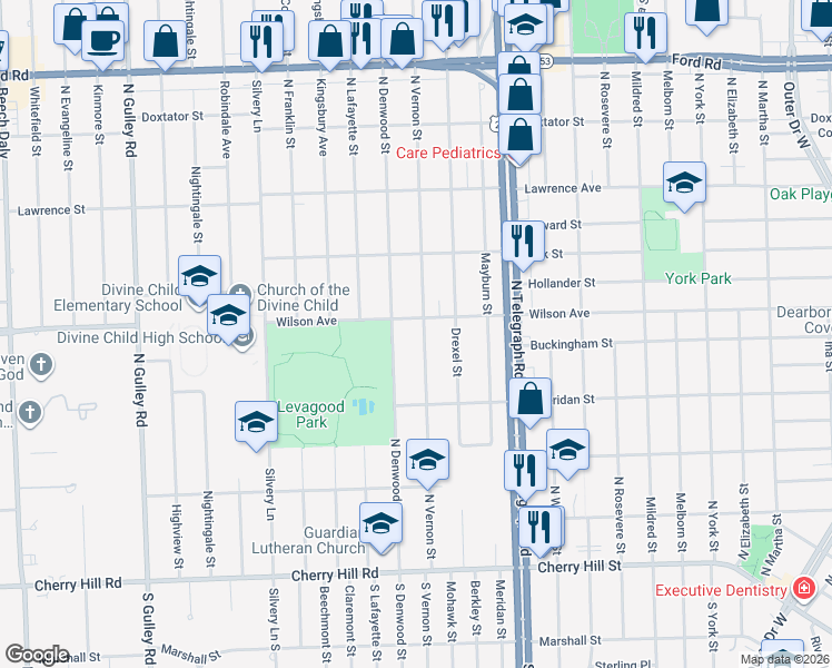 map of restaurants, bars, coffee shops, grocery stores, and more near 24347 Wilson Avenue in Dearborn