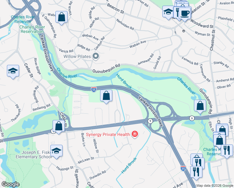 map of restaurants, bars, coffee shops, grocery stores, and more near 21 Duxbury Road in Wellesley