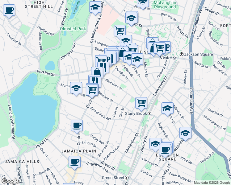 map of restaurants, bars, coffee shops, grocery stores, and more near 34 Oakview Terrace in Boston