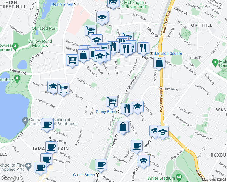 map of restaurants, bars, coffee shops, grocery stores, and more near Chestnut Ave & Forbes St in Boston
