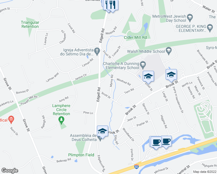 map of restaurants, bars, coffee shops, grocery stores, and more near 8 Myrna Road in Framingham