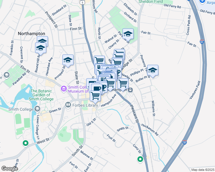 map of restaurants, bars, coffee shops, grocery stores, and more near 78 Massachusetts 9 in Northampton