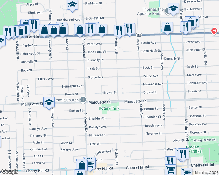 map of restaurants, bars, coffee shops, grocery stores, and more near 32447 Hennepin Avenue in Garden City