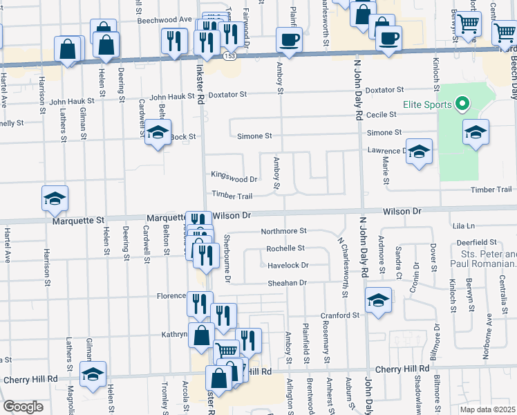 map of restaurants, bars, coffee shops, grocery stores, and more near 27143 Timber Trail in Dearborn Heights
